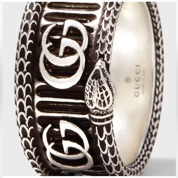 New GUCCI Ggard Ring unsex S Snk Mot Slv 3tur size 9 unisex rare made in Italy - Picture 2 of 8